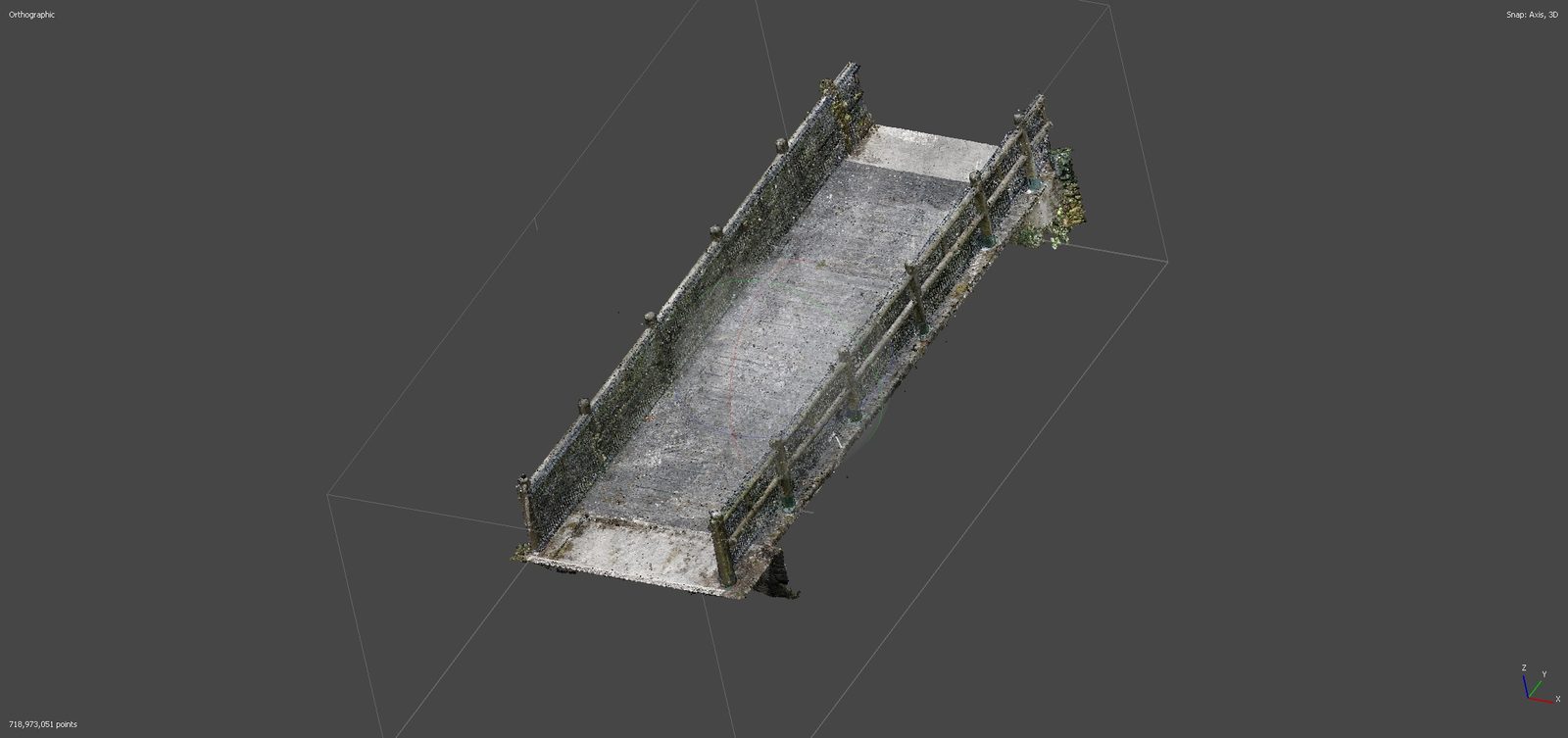 Le pont seul en nuage de points nettoyé : tablier, garde-corps à lisses et boules de poteaux, sans la végétation.