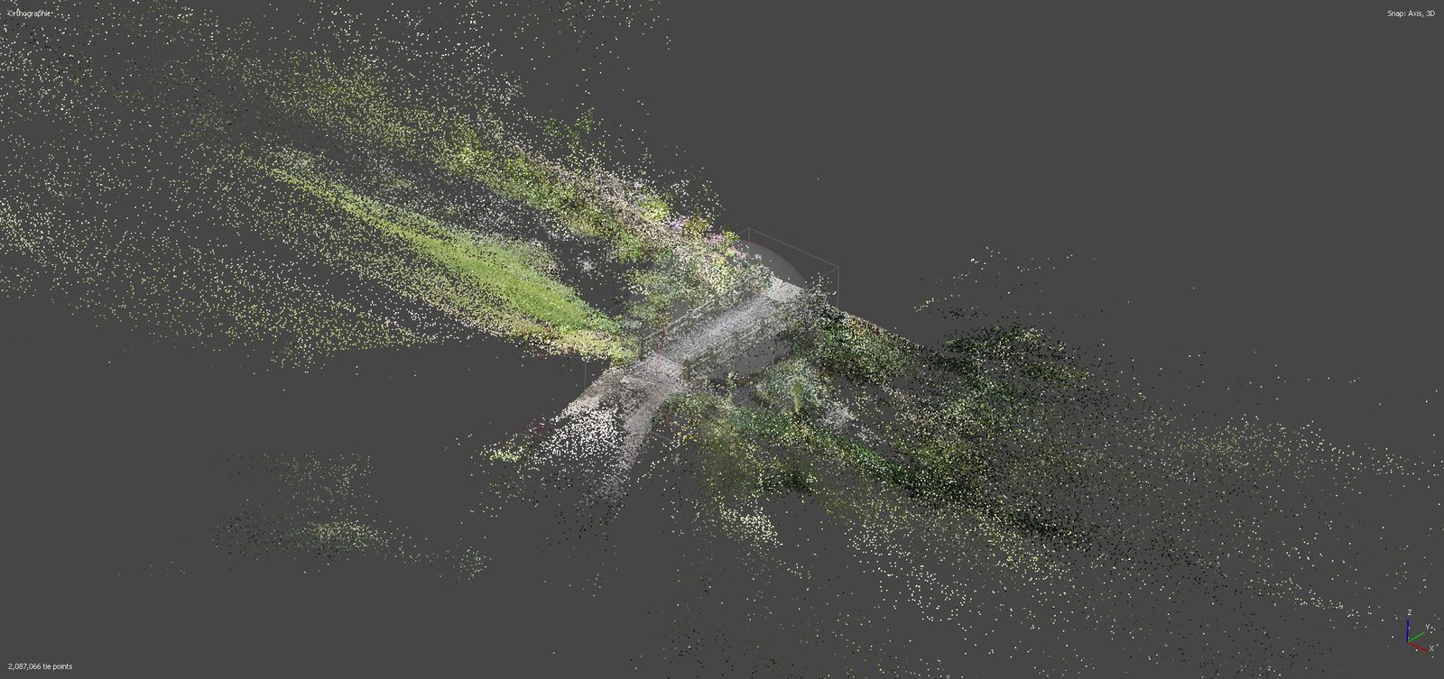 Nuage de points épars sur fond gris, où se lisent le chemin, le talus et la végétation du site relevé.